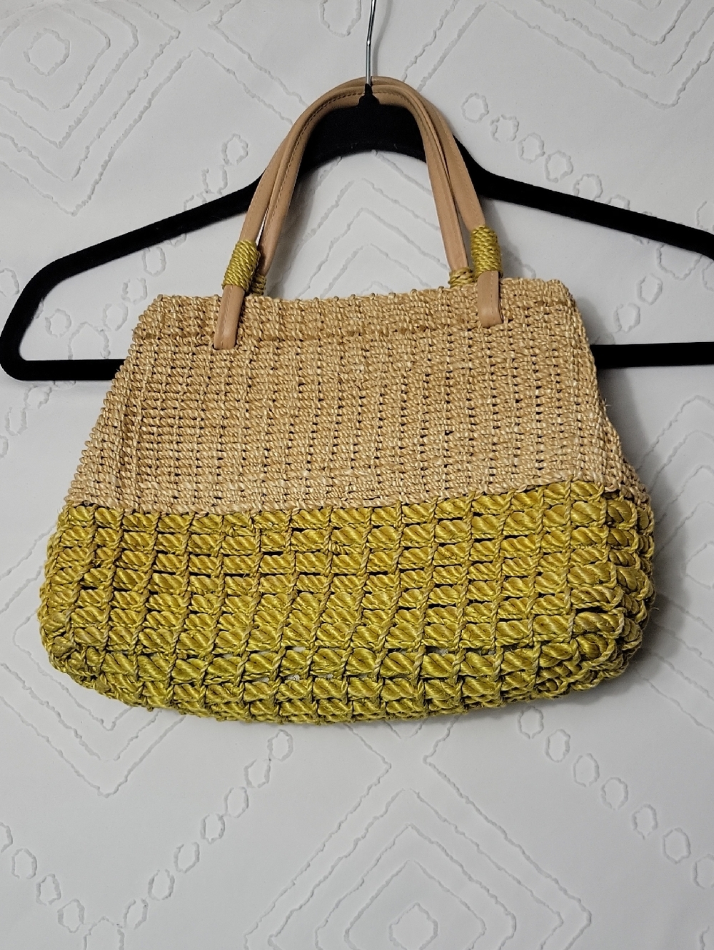 Woven Straw and Yellow Crochet Tote Bag - Unbranded